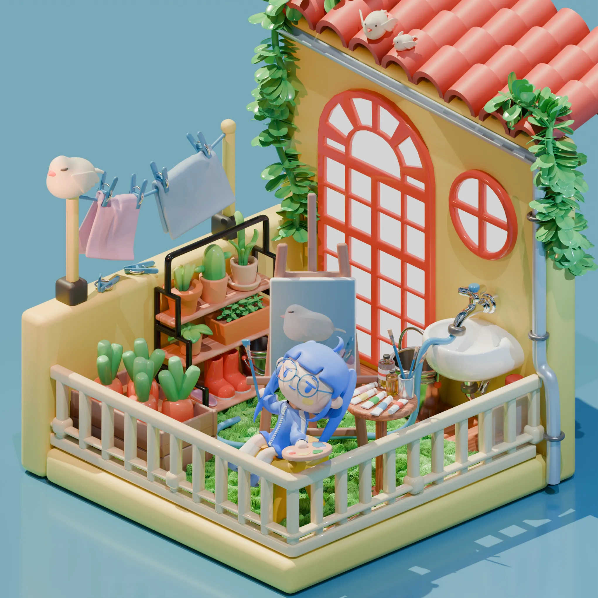 バルコニーでお絵かき